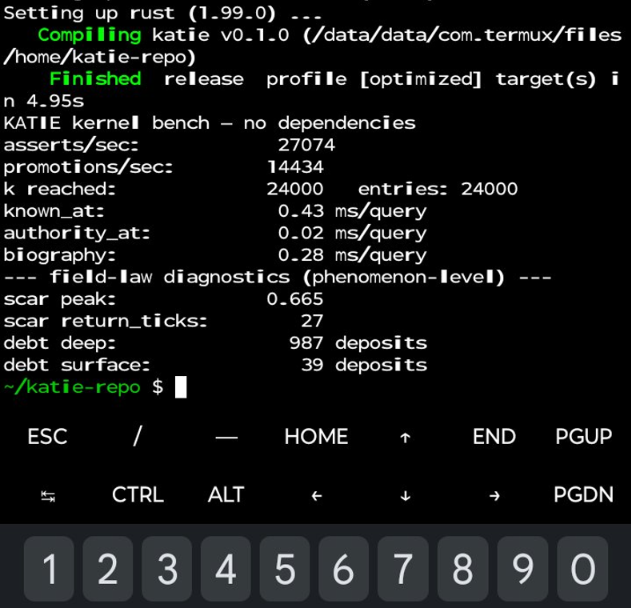 KATIE kernel bench output in Termux on a phone: 27,074 asserts/sec